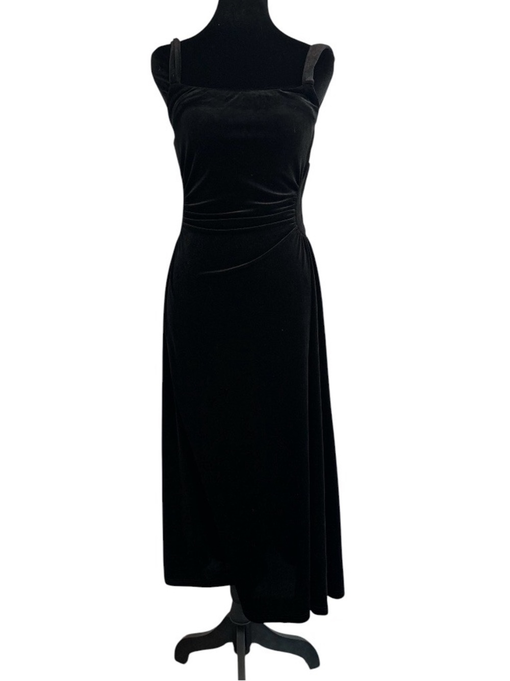Y2K Vintage Black Velvet Evening Cocktail Dress Ruched Waist Size M